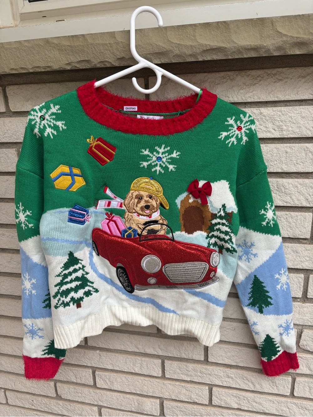 Holiday Dog Driving Red & Green Knit Sweater